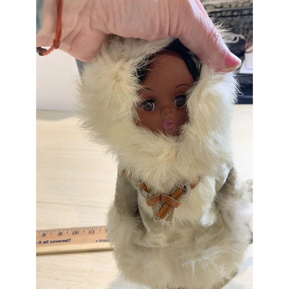 Vintage Eskimo Doll With Blinking eyes, real fur, leather necklace, No tags